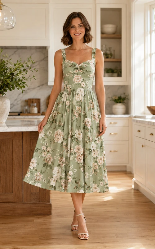 Sage Floral Square Strap A Line Warm Home Midi Dress