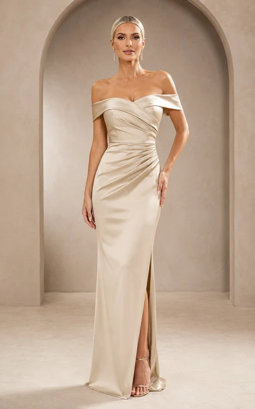 Champagne Off Shoulder Short Sleeve Ruched Satin Split Front Sheath Dress