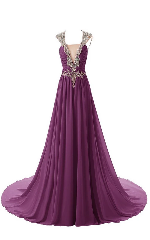 Chiffonkleid mit V-Ausschnitt, Schleppe und Applikationen