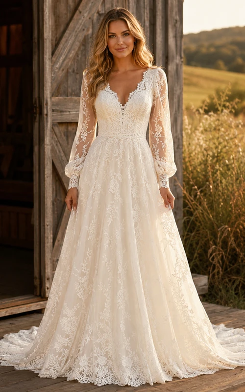 Robe de mariée champêtre en dentelle, coupe trapèze, col en V, manches longues, traîne chapelle