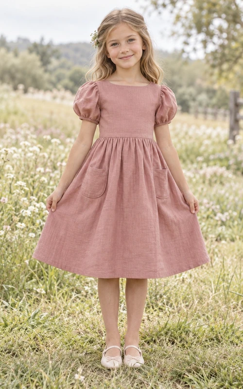 Simple Dusty Rose Knee Length Puff Sleeve Pocketed Linen Flower Girl Dress