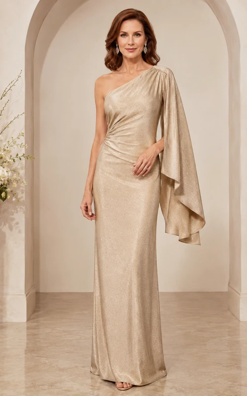 Champagne Modern One-Shoulder Shimmer Sheath Floor-Length Mother of the Bride Gown with Long Draped Cape