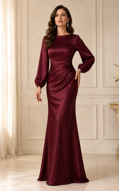 Modest Burgundy Jewel Neck Long Poet Sleeve Satin Mermaid Floor-Length Gown