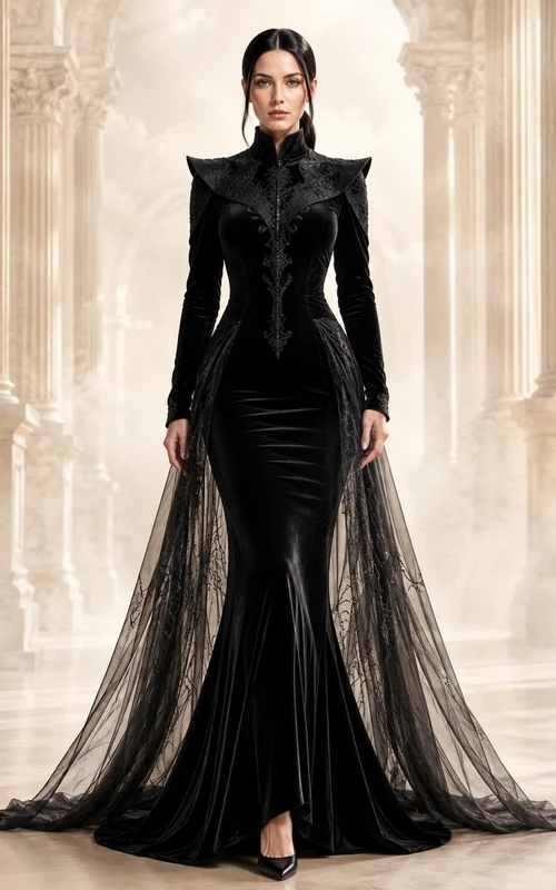 Black Velvet High-Neck Long-Sleeve Mermaid Sweep-Train Evening Gown