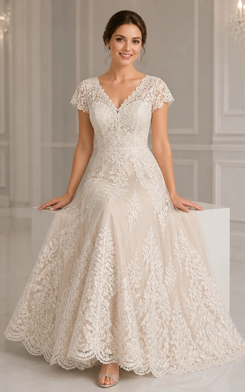 Vestido de novia de gala vintage de talla grande con escote en V, encaje y mangas cortas