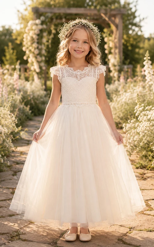 Robe de demoiselle d'honneur en dentelle ivoire et tulle, coupe trapèze, manches courtes, col rond, longueur midi, détail ceinture.