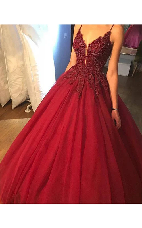 Robe de bal en organza dentelle spaghetti sans manches à fermeture éclair