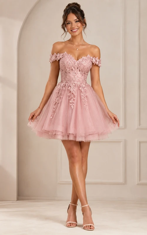 Vestido corto de tul con mangas cortas, corte en A, escote Bardot y apliques, ideal para fiestas de bienvenida.