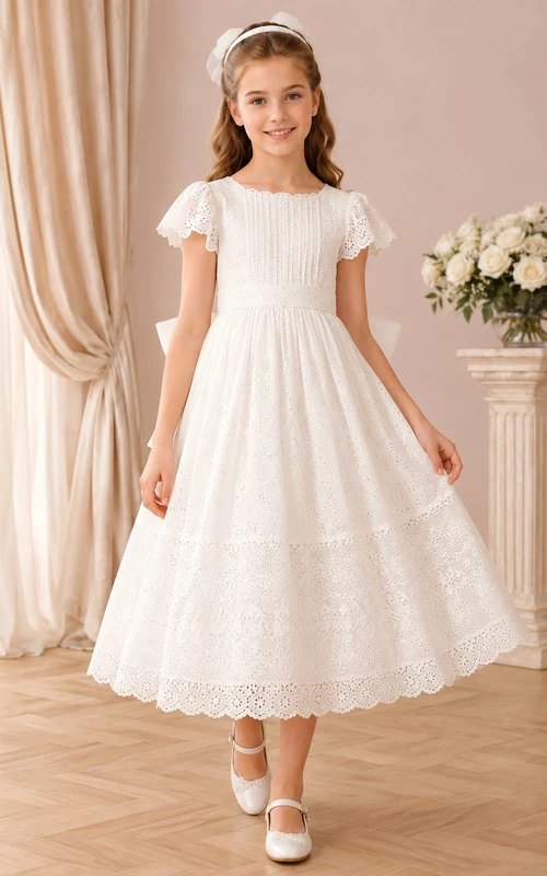 Vestido de comunión de niña de las flores, largo hasta la rodilla, con mangas abullonadas y lazo de encaje.