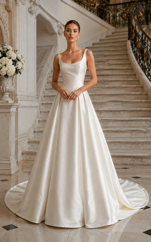Vintage Satin Scoop Neck Ball Gown Wedding Dress