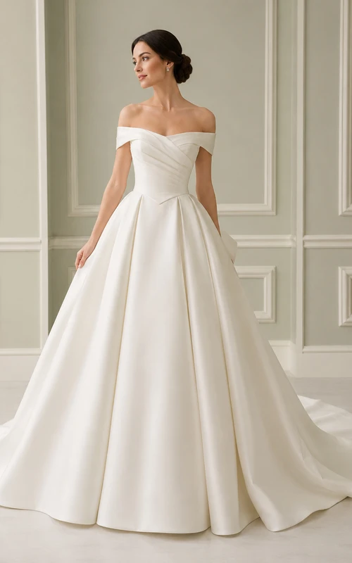 Elegant off shoulder satin bridal ball gown with pleated skirt