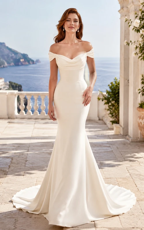 Minimalist Satin Wedding Dress Mermaid Off Shoulder Sweep Train Bridal Gown