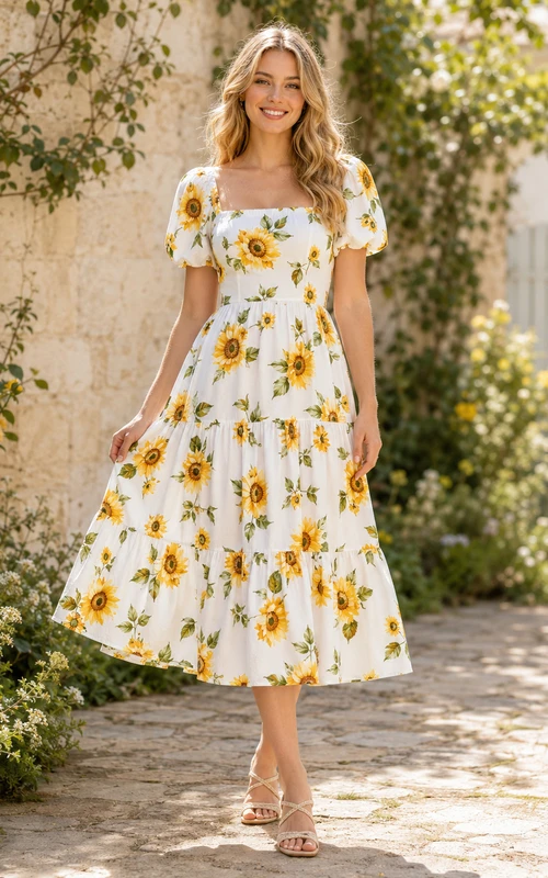 Sunflower Print Square Neck Puff Sleeve Summer Midi Dress