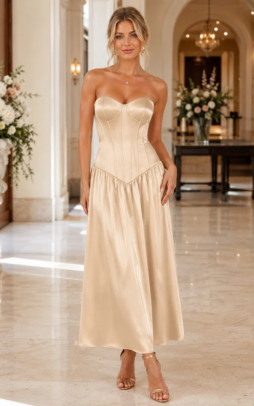 Vestido midi de satén color champán sin tirantes con corsé y cintura baja.