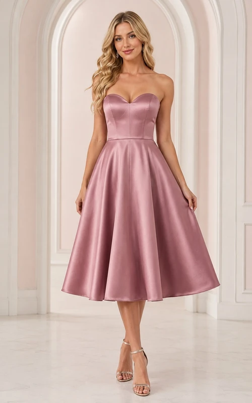 Vintage-Mauve-farbenes, trägerloses A-Linien-Cocktailkleid aus Satin in Teelänge