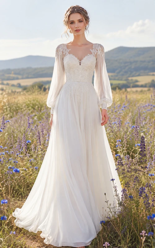 Vestido de novia de corte A con encaje y mangas largas efecto ilusión