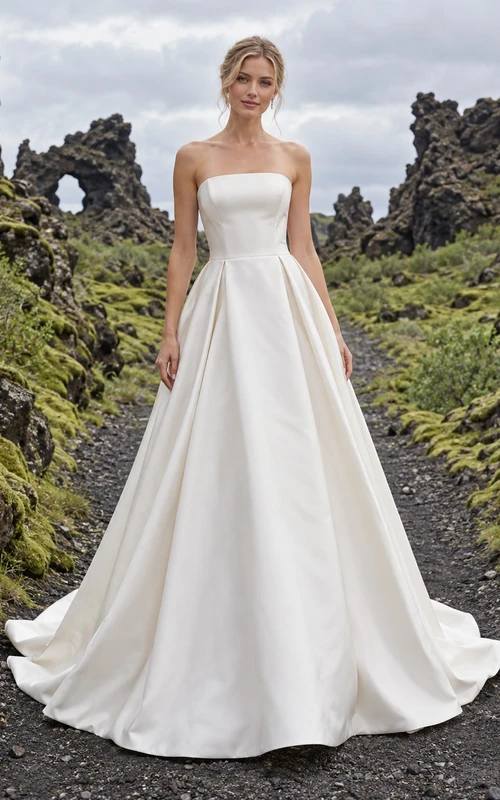 Vestido de novia de tafetán sin tirantes, corte en A, cuello recto y falda amplia.