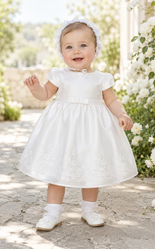 Short Sleeve Baptism Dress A-Line Satin Jewel Neck Lace Overlay Knee-Length