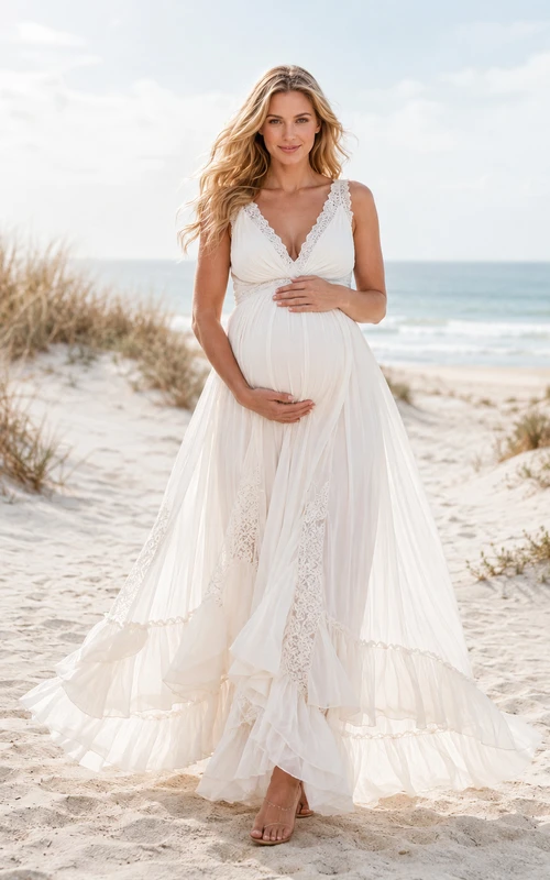 Maternity Wedding Dress V-Neck Sleeveless Lace Tiered Beach Bridal Gown