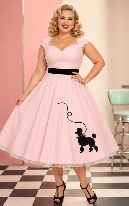 Blushing Pink Plus-Size Sweetheart Cap-Sleeve Poodle Applique Vintage Tea Dress