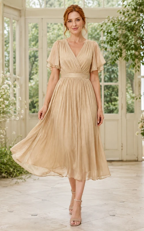 Champagne Chiffon V-Neck Flutter Sleeve A-Line Tea Length Guest Dress