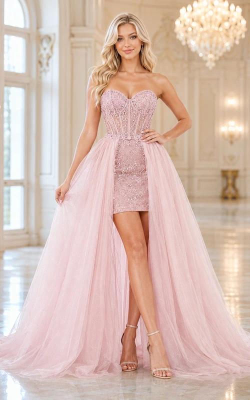 Vestido corto convertible de quinceañera con lentejuelas, escote corazón y sobrefalda de tul desmontable, color rosa empolvado.