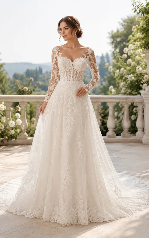 Robe de mariée en dentelle et tulle, coupe trapèze, bustier cœur, manches longues, traîne.