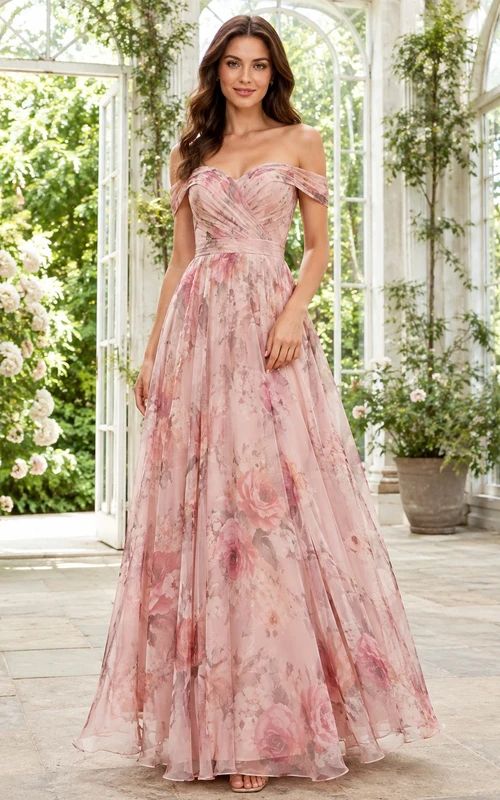 Blushing Pink Floral Off-Shoulder Sweetheart Chiffon A-Line Floor-Length Romantic Gown