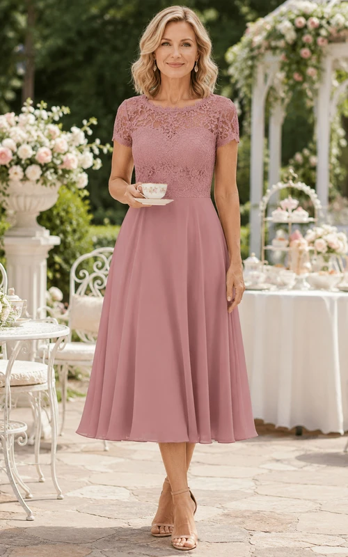 Dusty rose lace short sleeve tea length mother dress