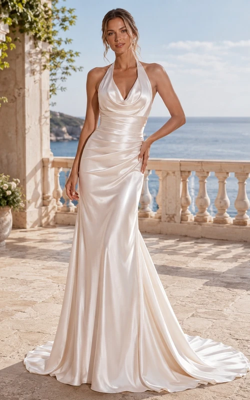 Vestido de novia formal con escote halter, corte A y cola larga para ceremonia.