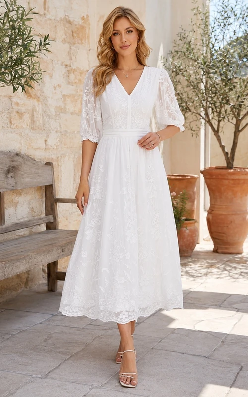 Vintage-Kleid in A-Linie mit dezentem, halblangem Ärmel, V-Ausschnitt, Stickerei und Teelänge