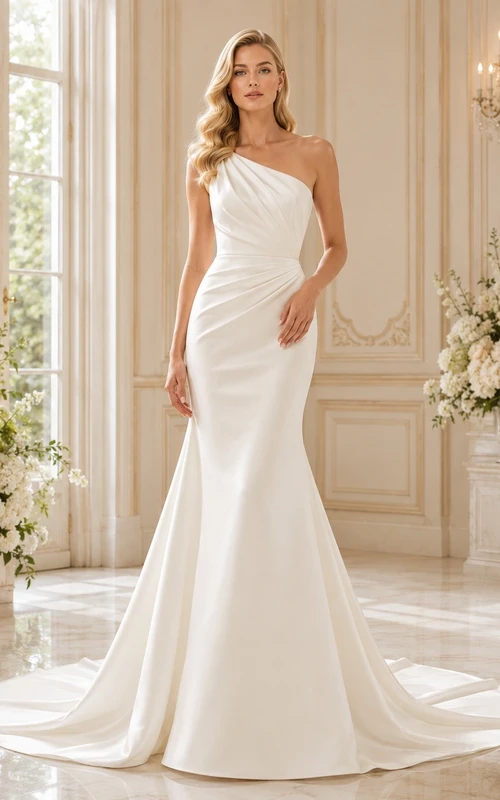 Vestido de novia sencillo de sirena con un solo hombro, de satén y cola larga.