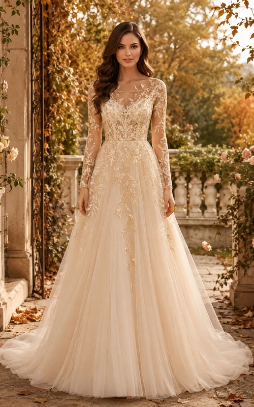 Champagne Autumn Long Sleeve Embroidered A-Line Wedding Dress