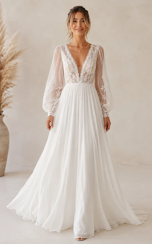 Vestido de novia bohemio de corte A con encaje, mangas largas transparentes y cola fluida.
