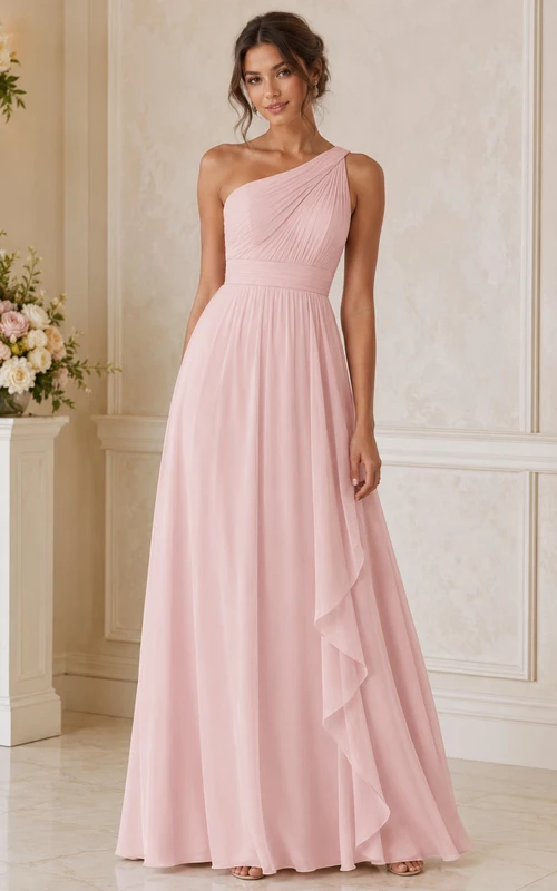 Zartrosa Brautjungfernkleid aus Chiffon mit A-Linie und One-Shoulder-Schnitt