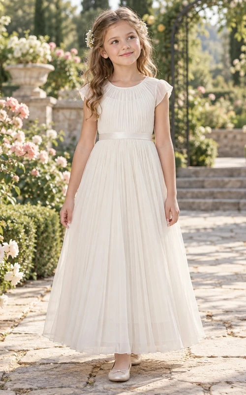 Simple Ivory Jewel Neck Cap Sleeve Pleated Chiffon Flower Girl Dress