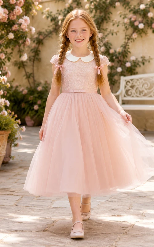 Flower Girl Dress Blush Tulle A-Line Jewel Neck Tea Length Bow Back