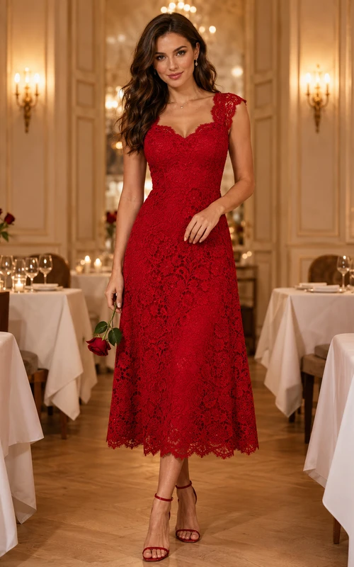 Red Lace Cap Sleeve V Neck Midi Valentine Dinner Dress