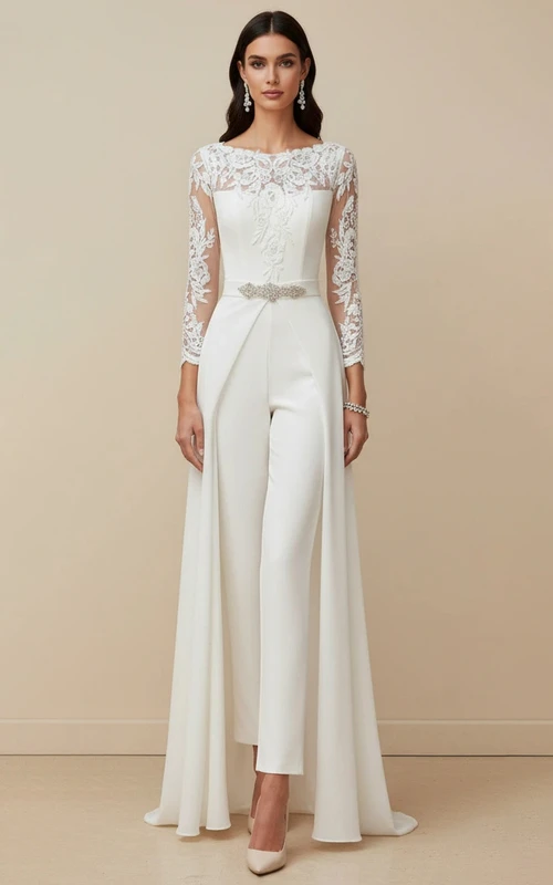 Long Sleeve Lace Illusion Bridal Jumpsuit with Beaded Belt