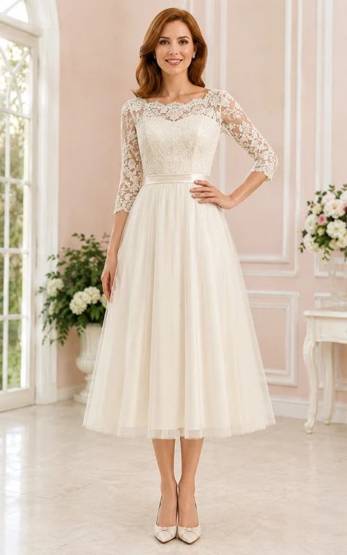Vestido de cóctel de boda vintage con escote joya, efecto ilusión, mangas tres cuartos, encaje, corte en A y largo hasta la rodilla