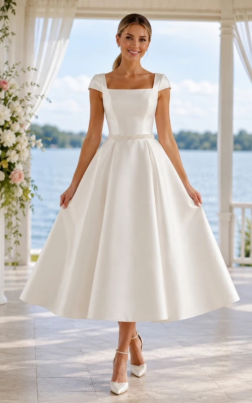 Vestido de novia de satén de corte A con escote cuadrado y largo hasta la rodilla para renovación de votos