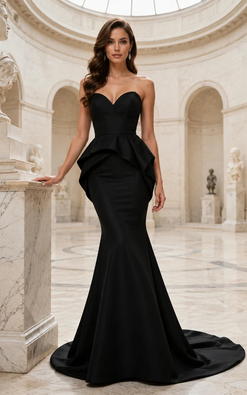 Black strapless peplum mermaid train museum gala gown