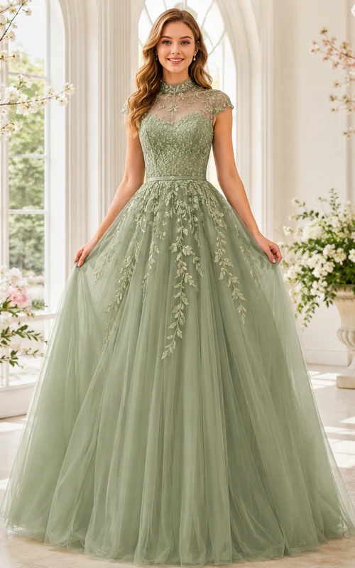 Vestido de fiesta formal de princesa para quinceañera, estilo princesa, de cuello alto y manga corta, color verde salvia, con encaje floral.