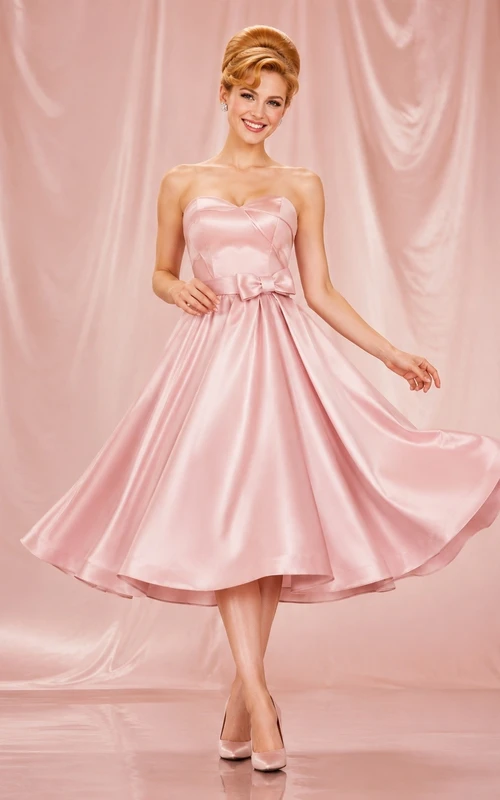 Robe de cocktail vintage rose poudré sans bretelles en satin, coupe trapèze, longueur thé