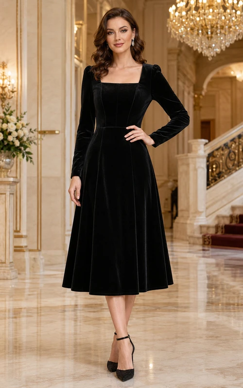 Robe midi de théâtre en velours noir à col carré et manches longues, coupe trapèze