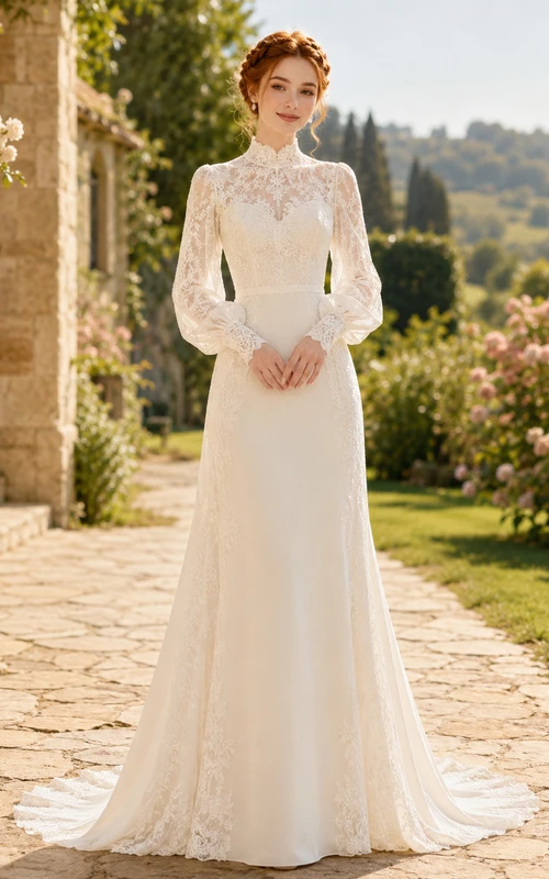Brautkleid aus Spitze im Meerjungfrauenstil mit V-Ausschnitt, langen Ärmeln und Kapellenschleppe