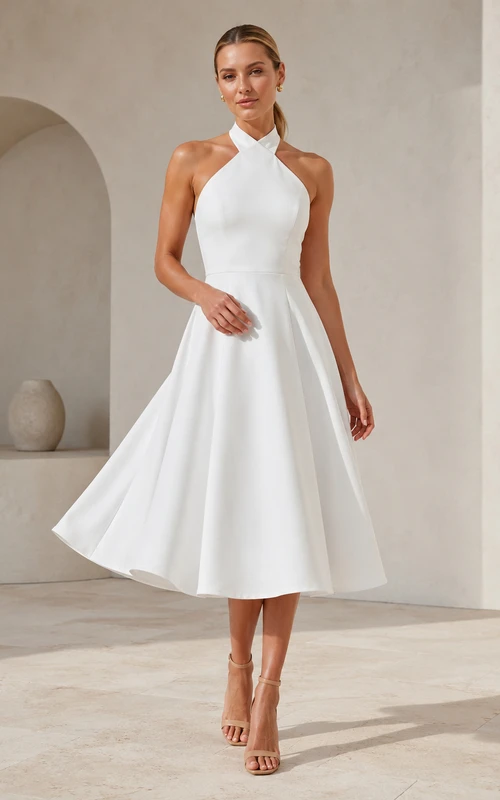 1950s Ivory A-Line Tea-length Halter Sleeveless Satin Vintage Simple Cocktail Guest Reception Dress
