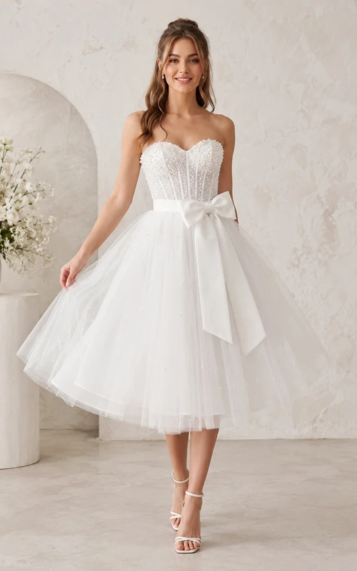 Strapless Bow Tulle A-Line Tea-Length Wedding Party Dress