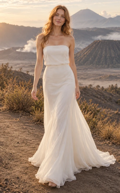 Schlichtes, gerades, trägerloses, drapiertes Etuikleid mit Schleppe – Brautkleid
