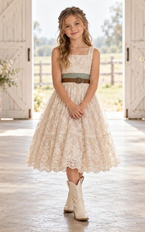 Country Ivory Square Neck Belted Lace Flower Girl Dress